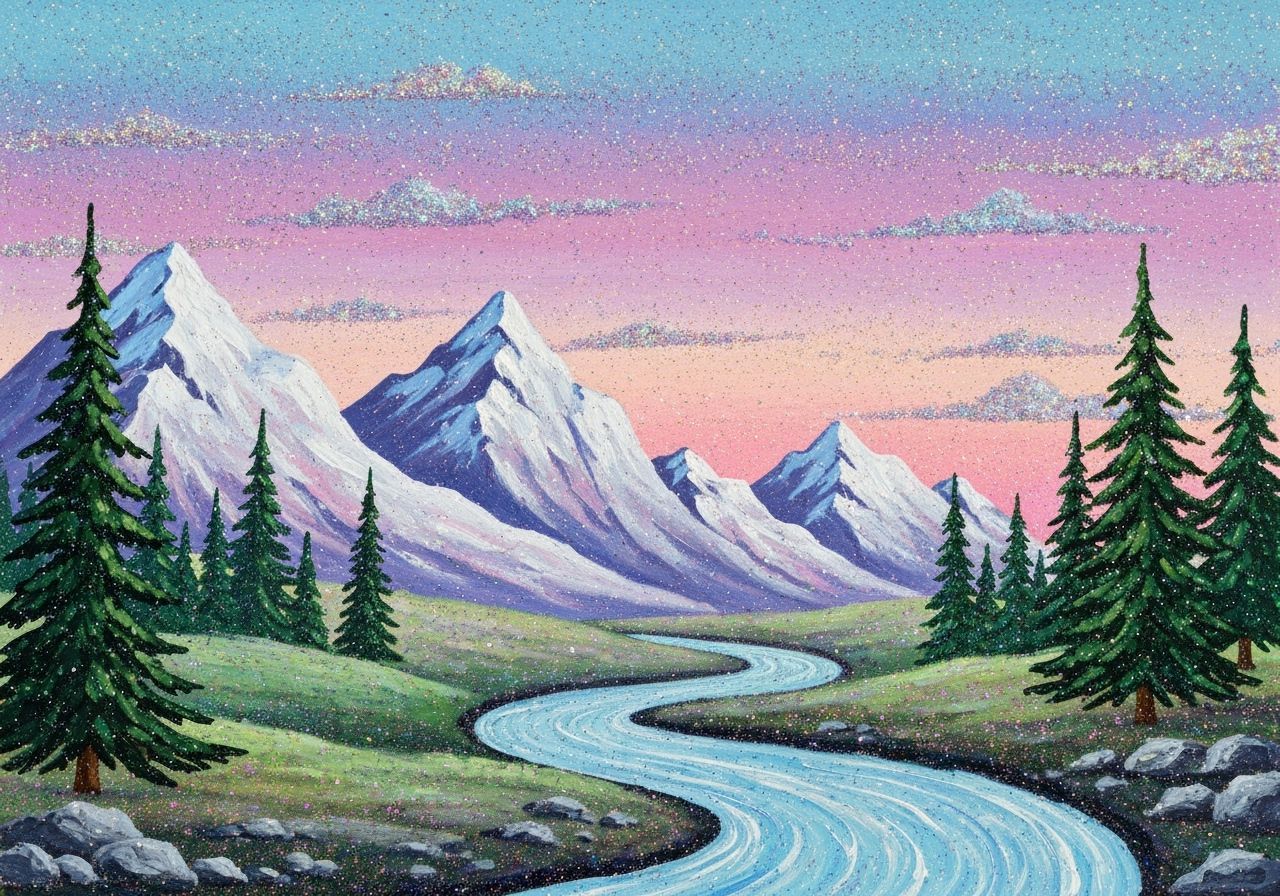 Whimsical Glittery Mountain Landscape Painting
