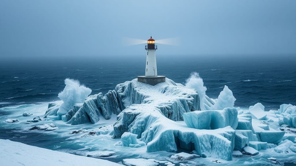 Lighthouse Battling a Winter Storm