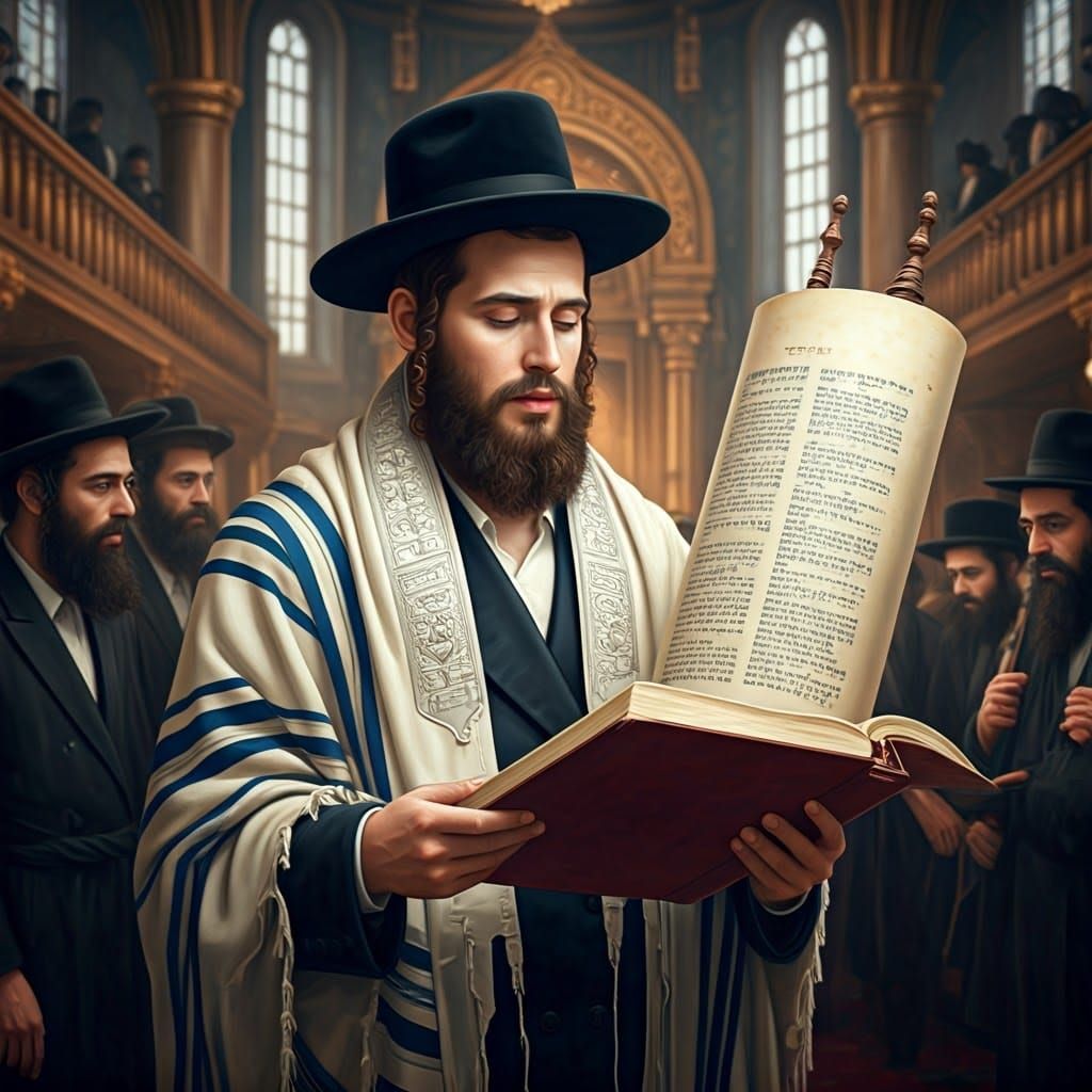 Young Hasidic Rabbi in Traditional Attire Reads from Torah S...