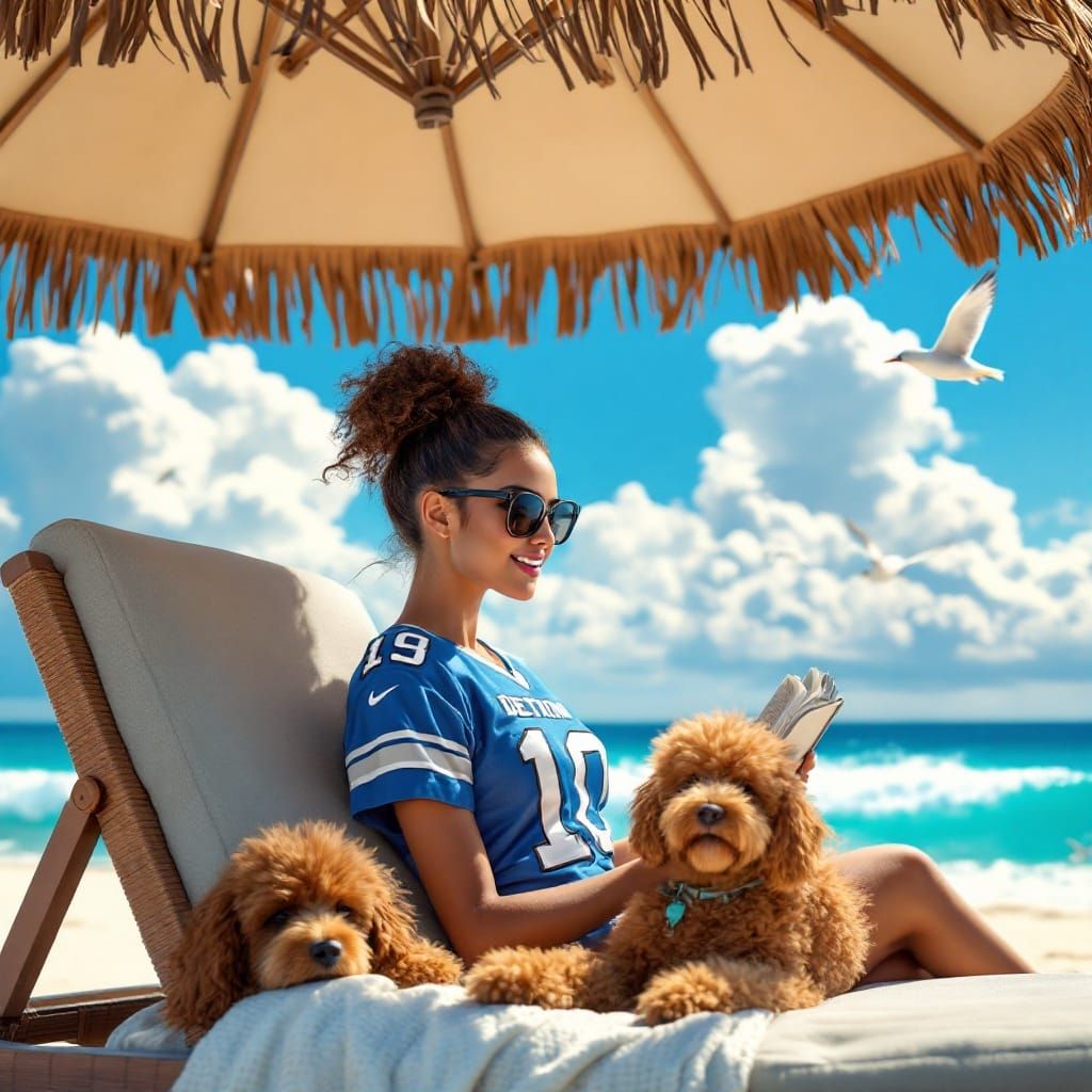 Relaxed Woman at Tropical Beach Resort with Sleeping Poodle