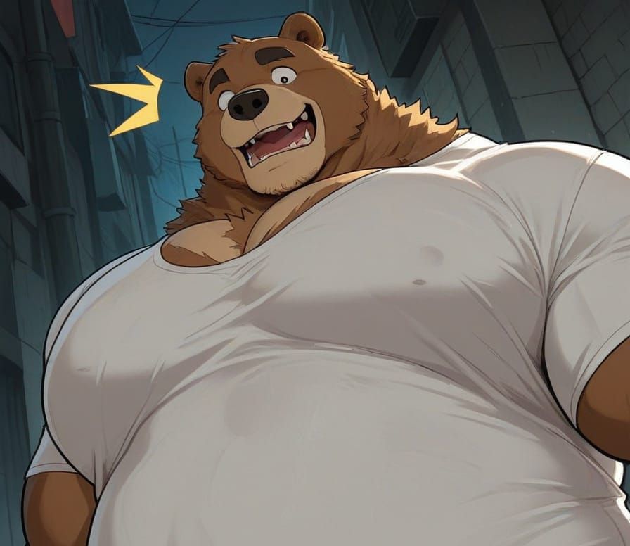 Cinematic Portrait: Obese Brown Bear in Cityscape