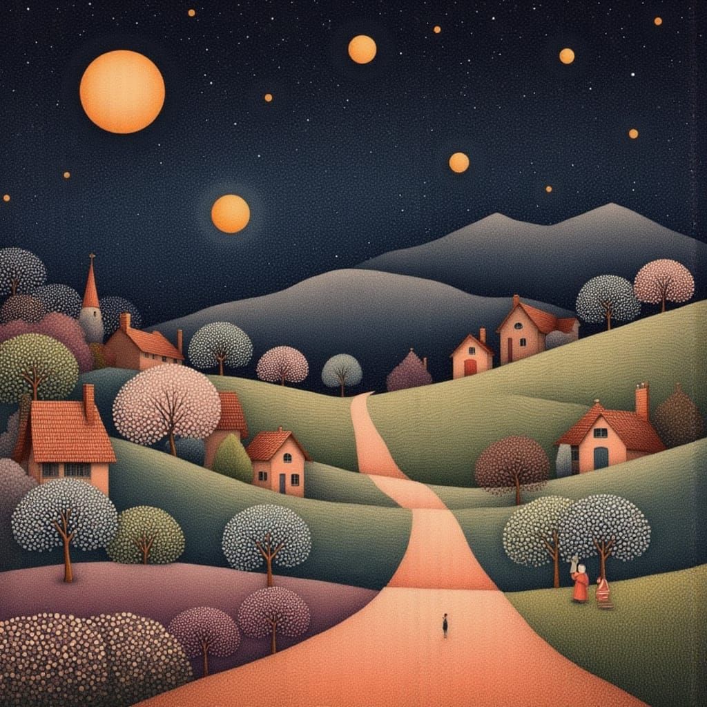 Quaint Village Under Multiple Moons in Illustrative Style