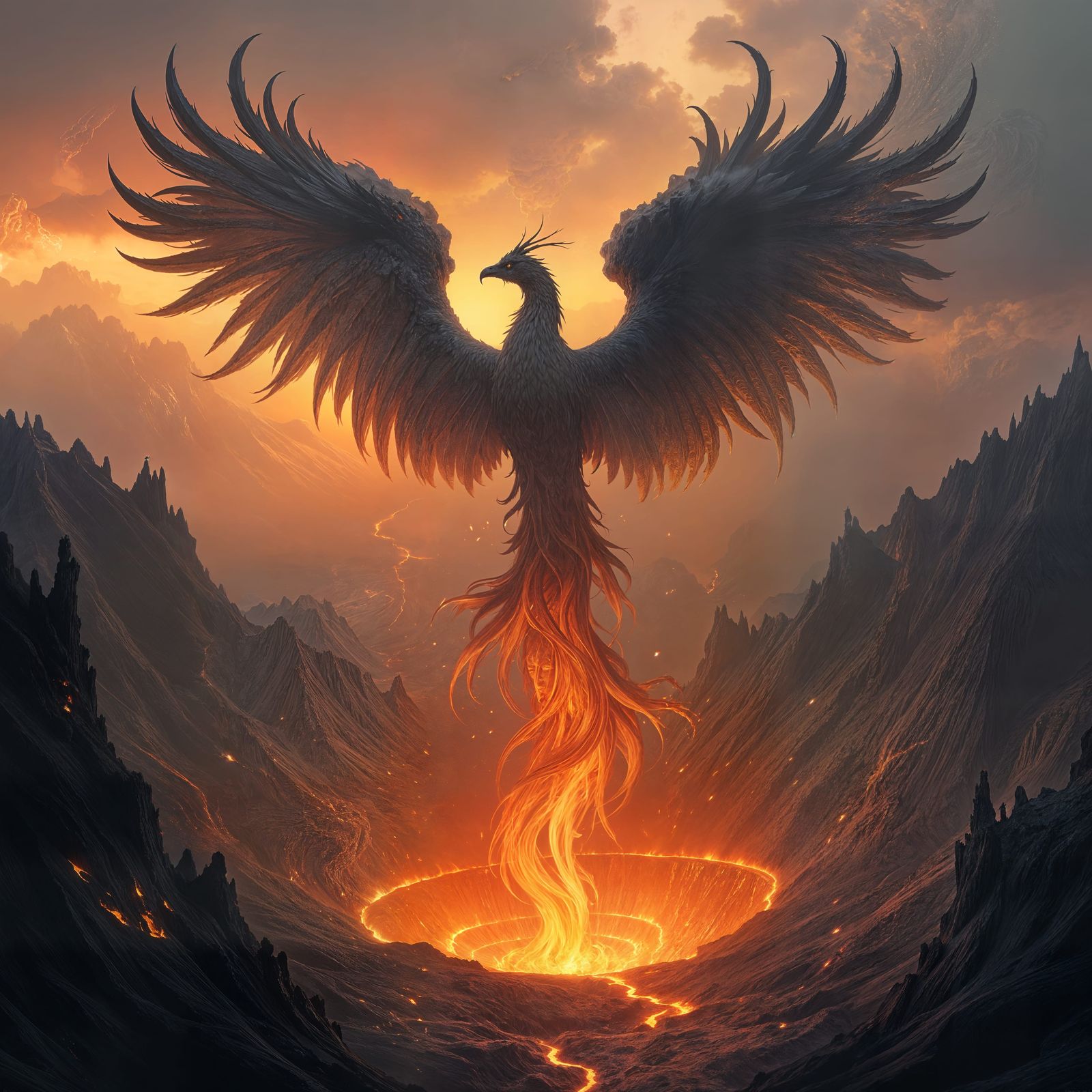 Dark Fantasy Smoke Phoenix Rising from Volcanic Crater