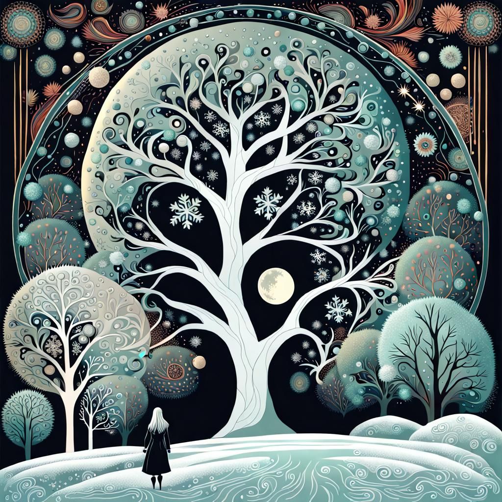 Fantastical Winter Landscape with Moon and Mint Trees