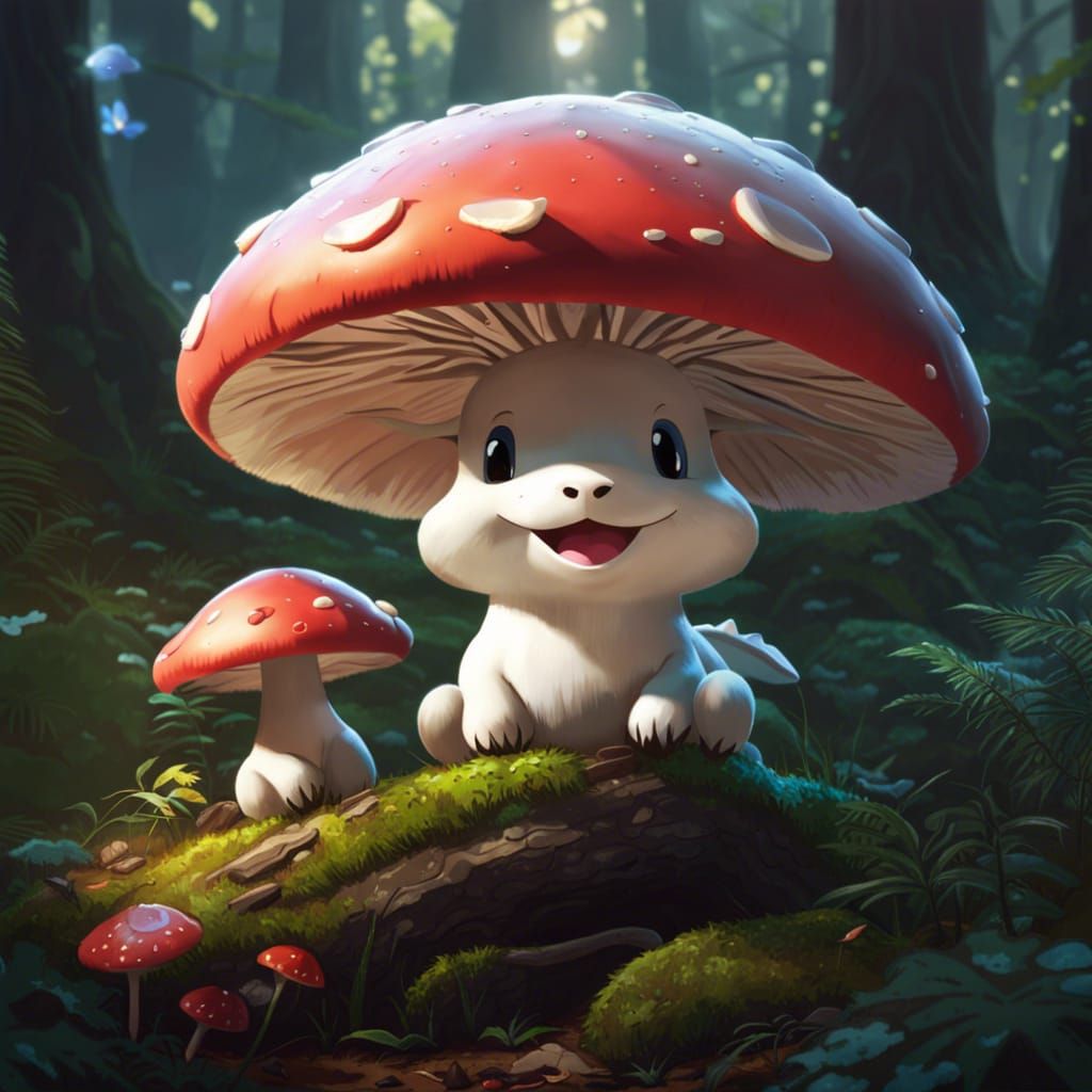 Happy Dragon Mushroom in Forest, Detailed Splash Art