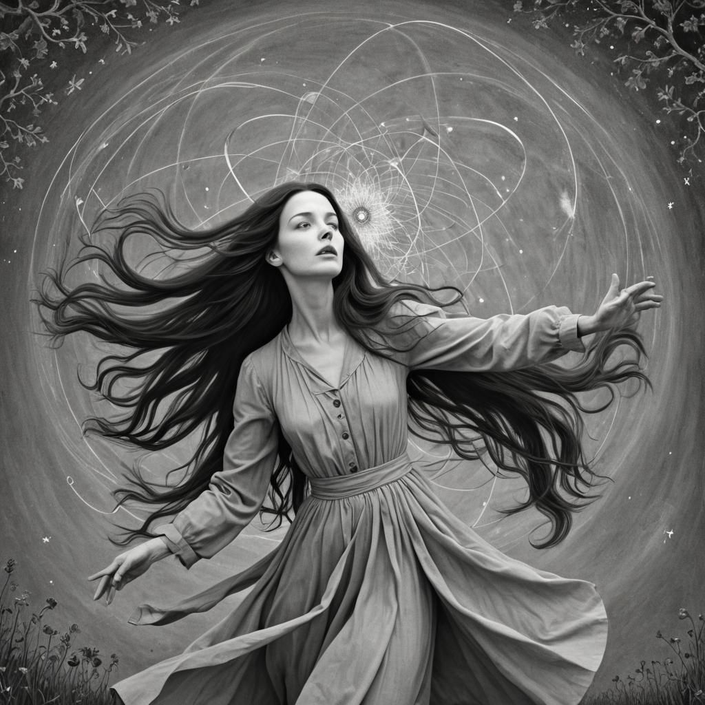 Elegant Woman with Atomic Nucleus in Watercolor Style