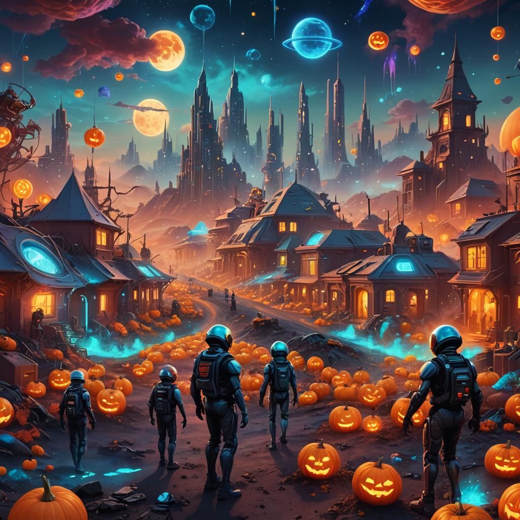 Futuristic Halloween on Mars: A Cosmic Holographic Illustrat...