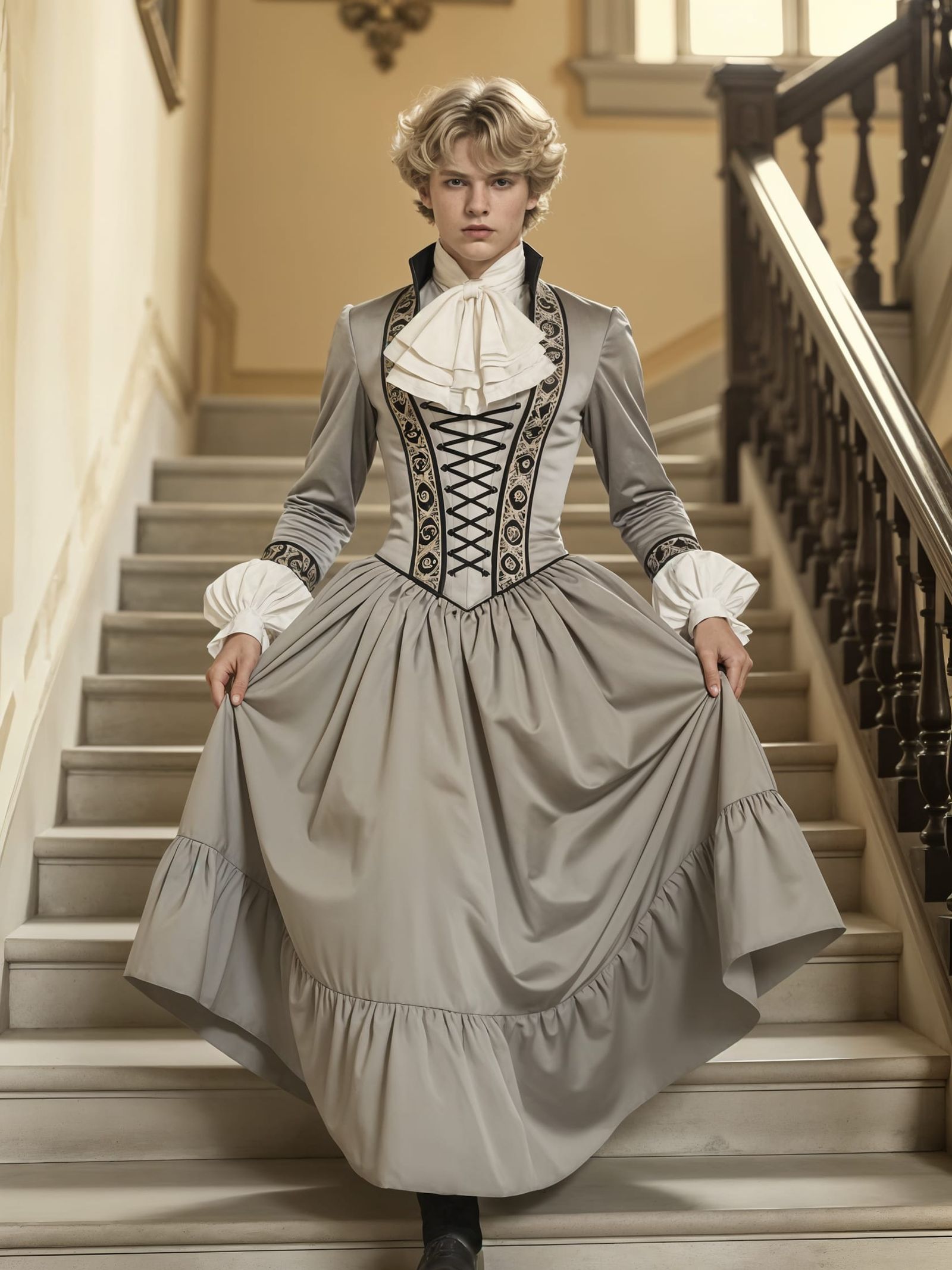 Rococo Dress on a Man in Castle Stairs