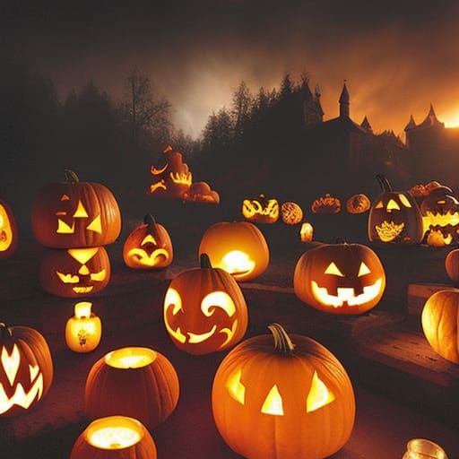Intricately Carved Jack-o'-Lanterns with Spooky Faces