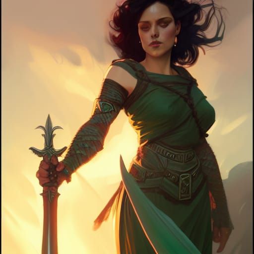 Goliath Woman in Emerald Dress, Hyperdetailed Portrait