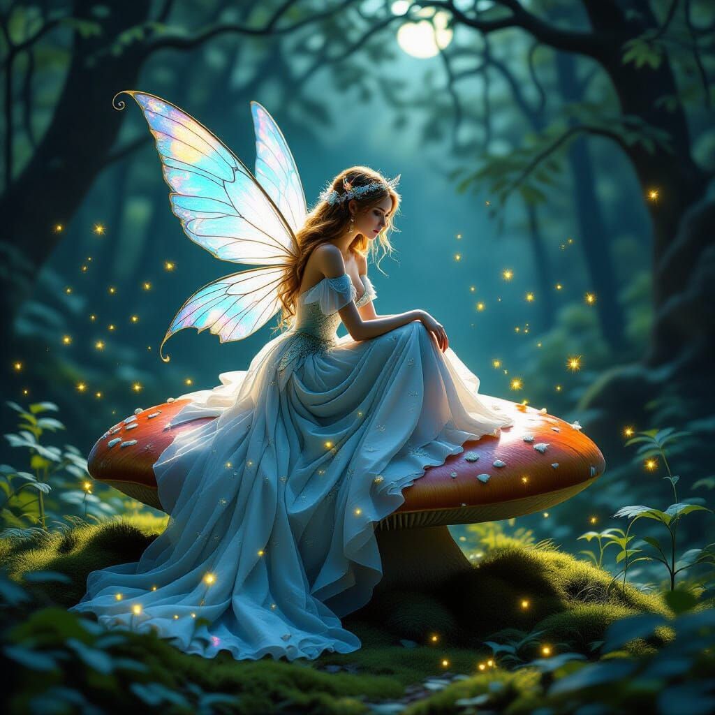 Fairy on Mushroom in Enchanted Forest, Rembrandt Style
