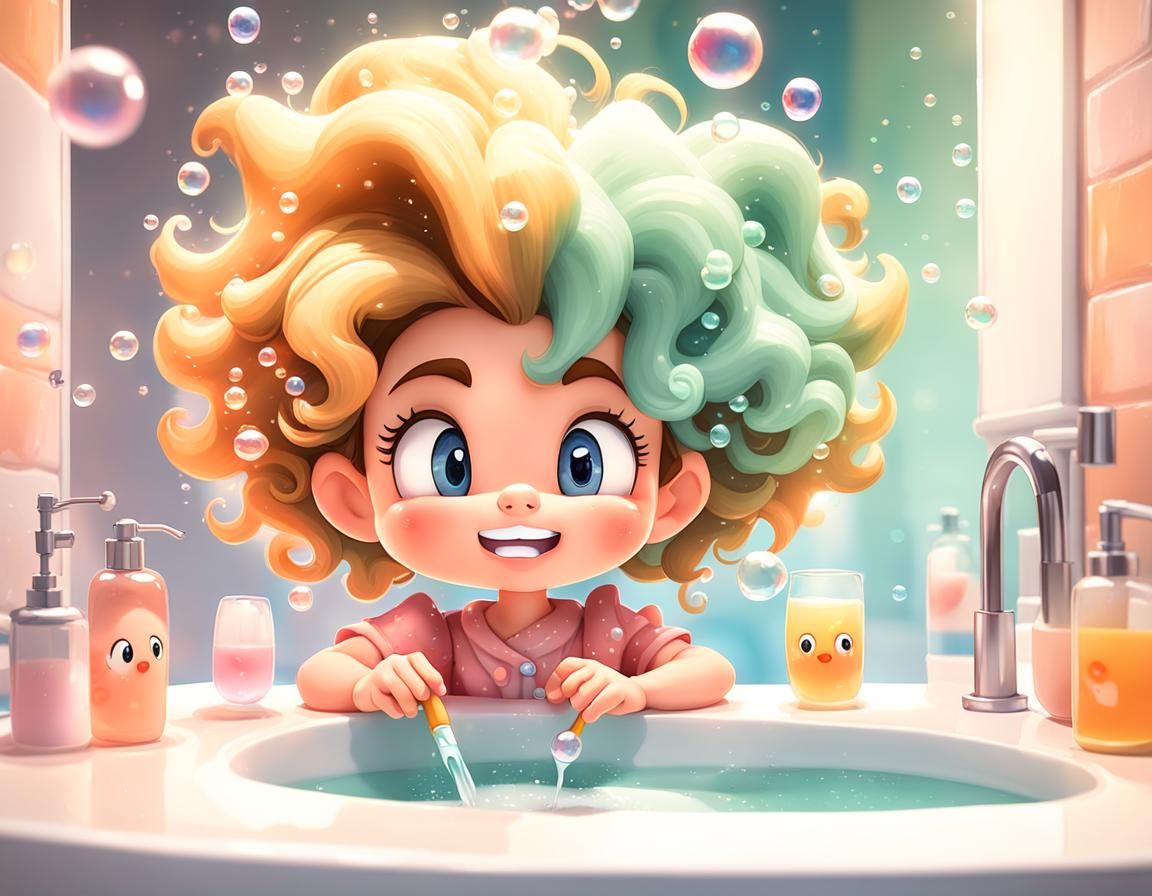Toddler Brushing Teeth in Kawaii Watercolor Style