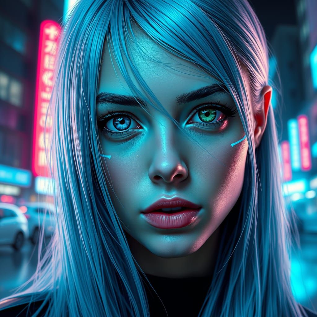 Hyperrealistic Portrait of a Woman in Cyberpunk Neon