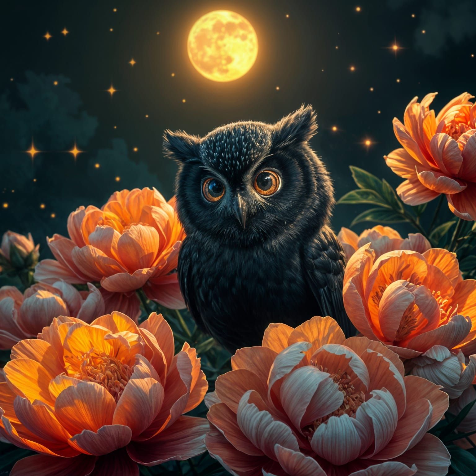Baby Owl Hides in Peony Garden at Night