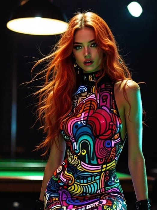 Ethereal Woman in Neon Pool Hall, Amano x Haring Style