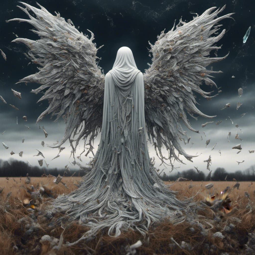 Eerie Hooded Angel in Decaying Field