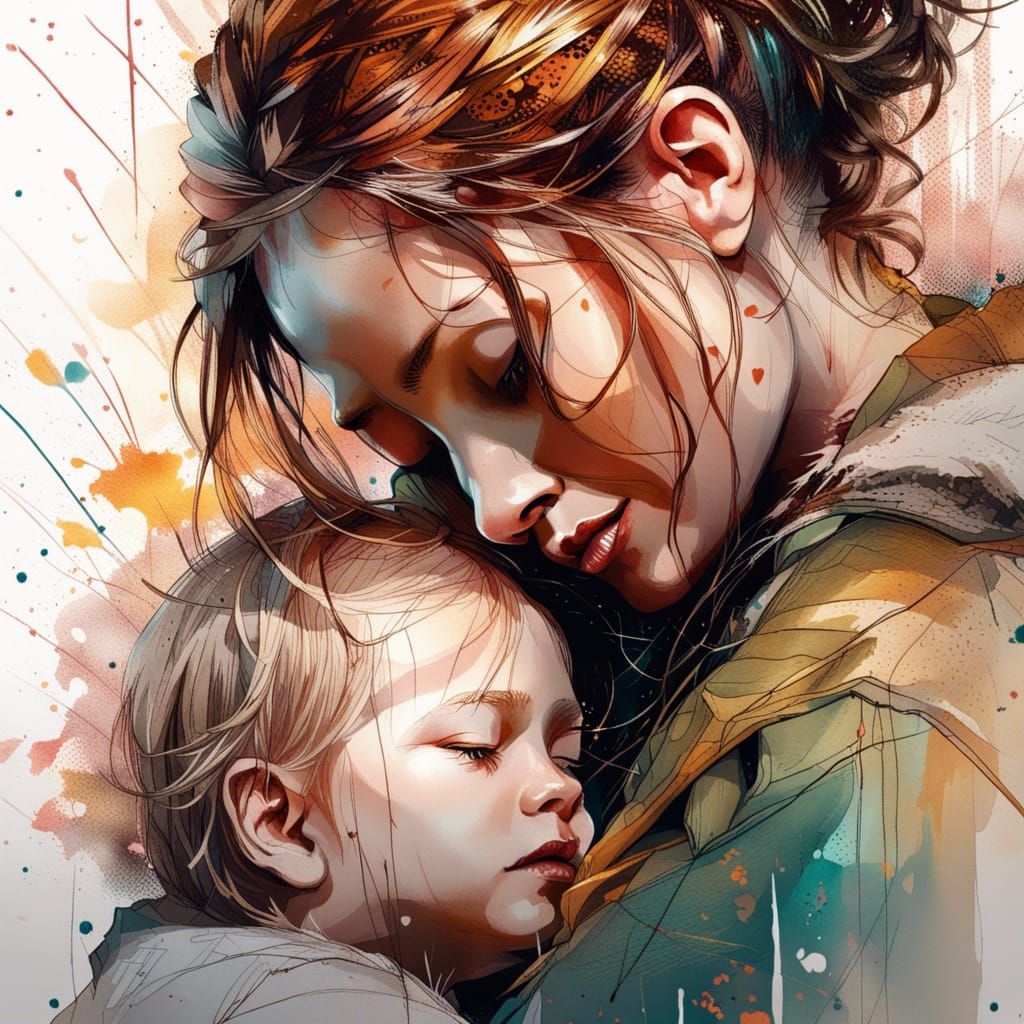Mother and Toddler Cuddle: Hyperreal Splash Art