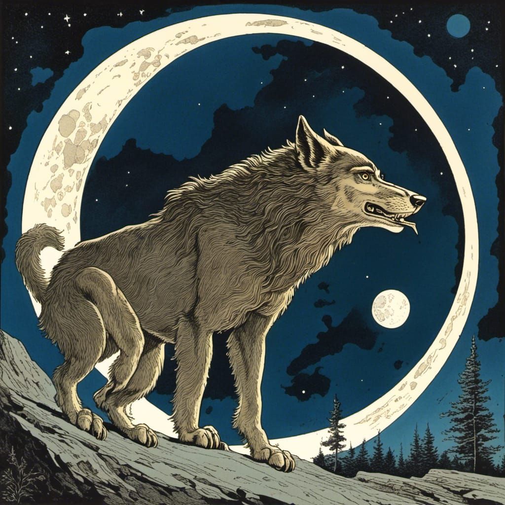 Werewolf Howling at the Moon on Clear Night