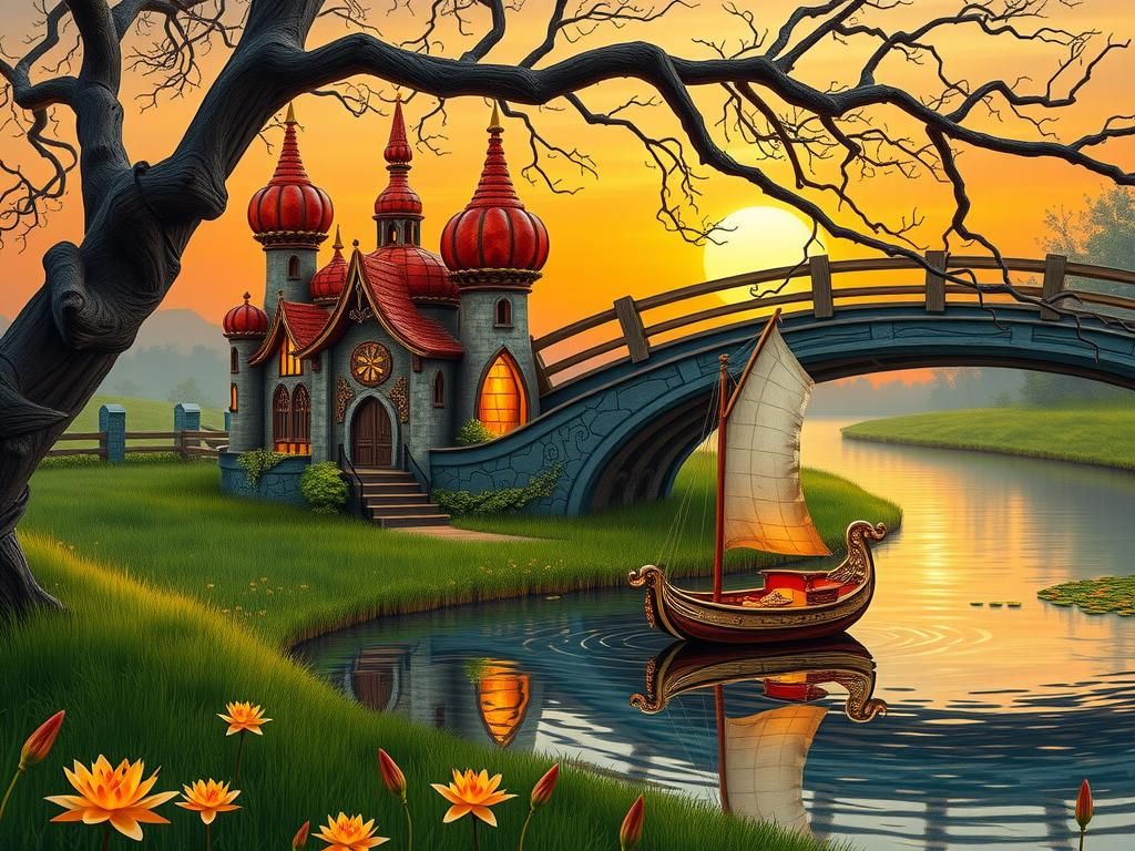 Gourd Castle at Sunset in Miyazaki-Klimt Style