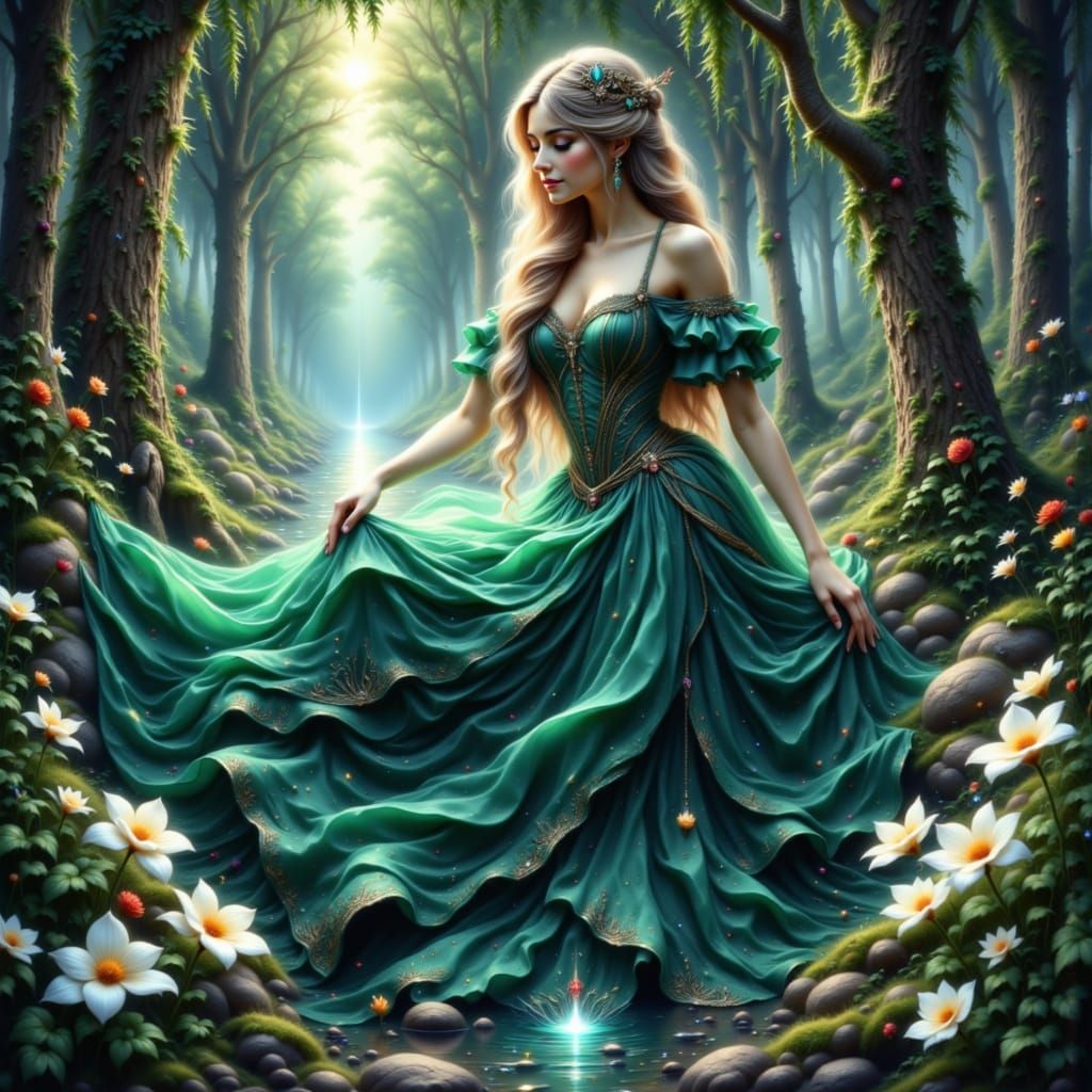 Emerald Princess in Dreamlike Art Nouveau Forest