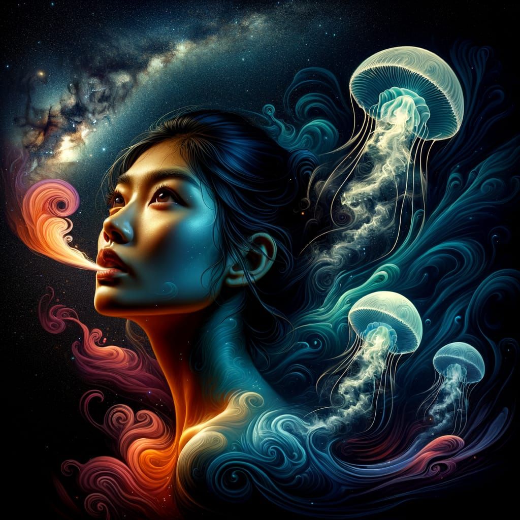 South Asian Woman's Night Portrait in Art Nouveau Style