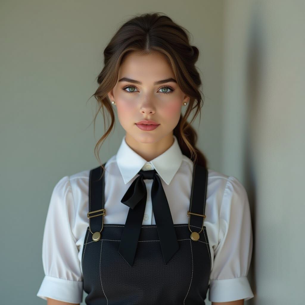 Hyperrealistic Portrait of Woman in Pinafore Dress