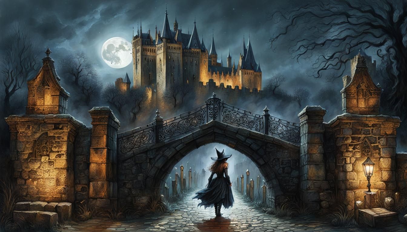 Ornate Dark Witch on Cobblestone Bridge