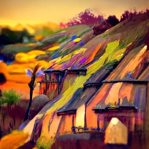 Rolling Yellow Hills with Thatched Roof Cottages