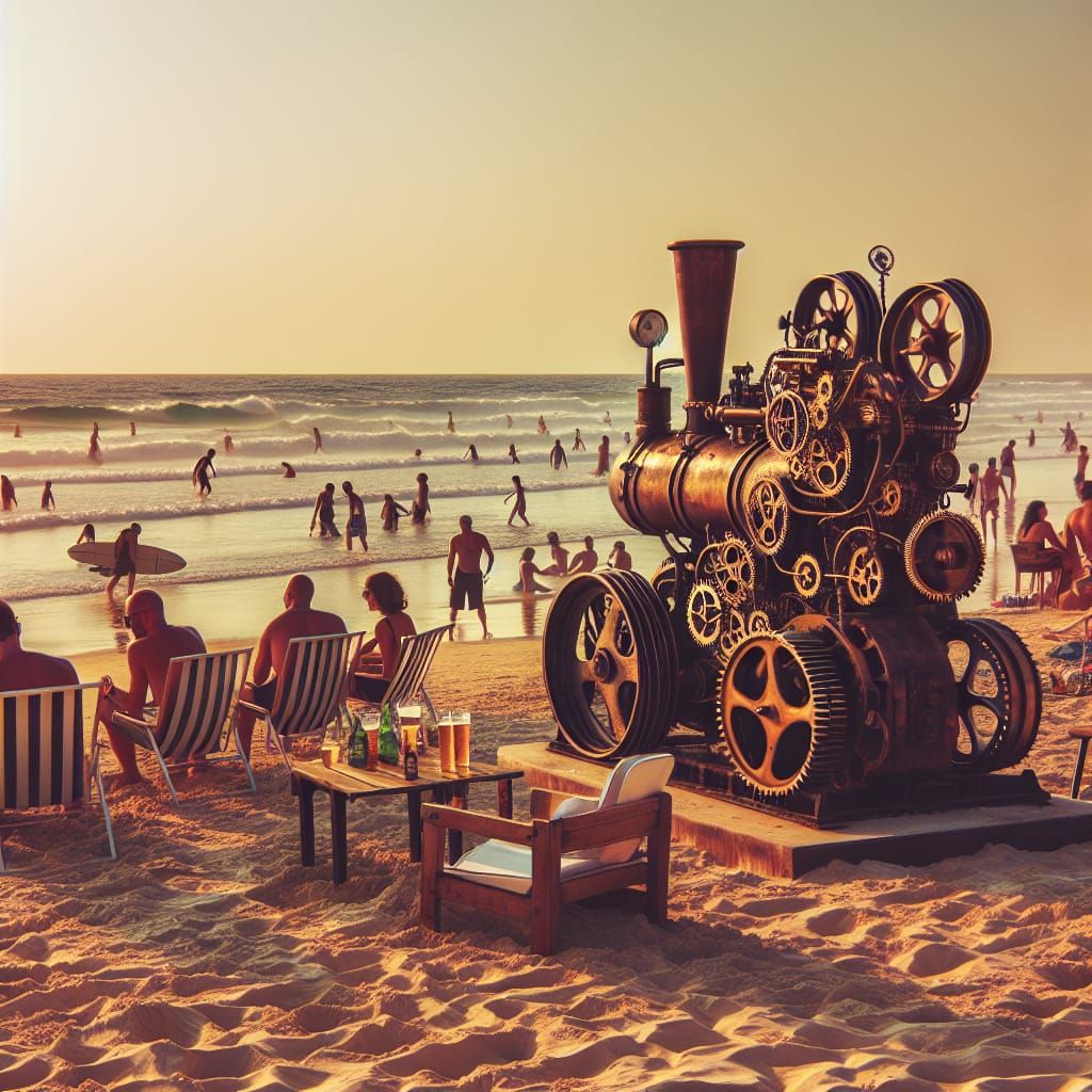 Herzliya Beach Scene with Steampunk Engine