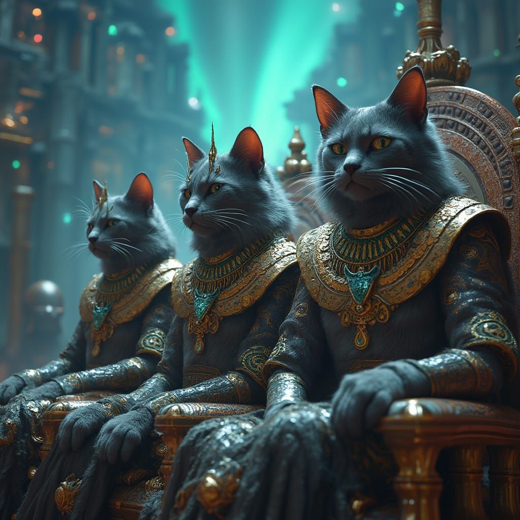 Ancient Feline Rulers in Cyberpunk Splendor