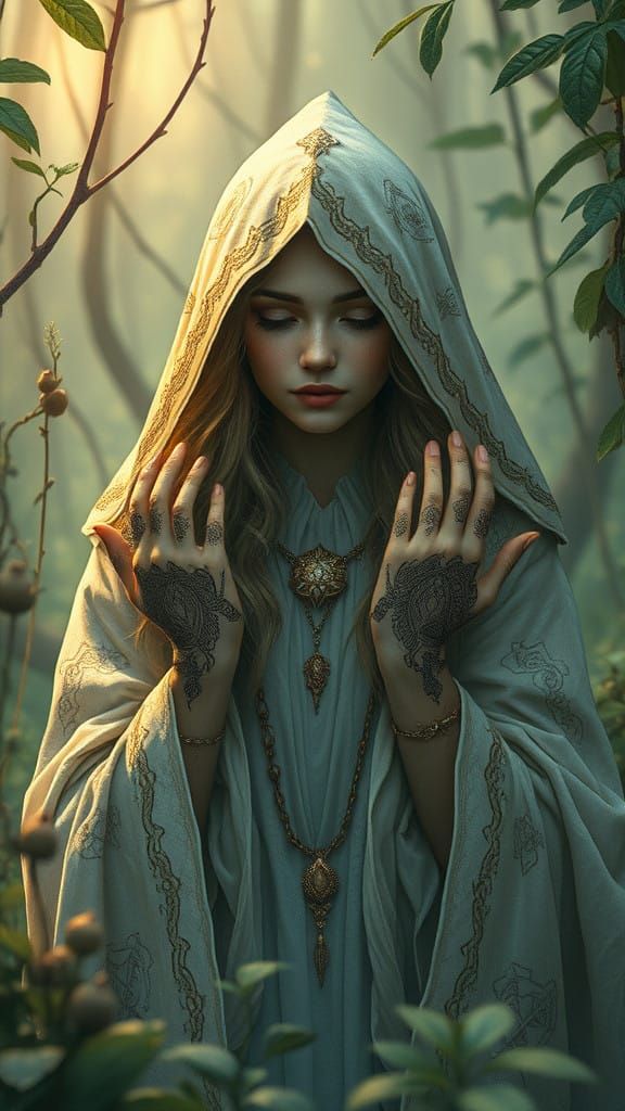 Mystical Herbalist in Enchanted Bioluminescent Glade