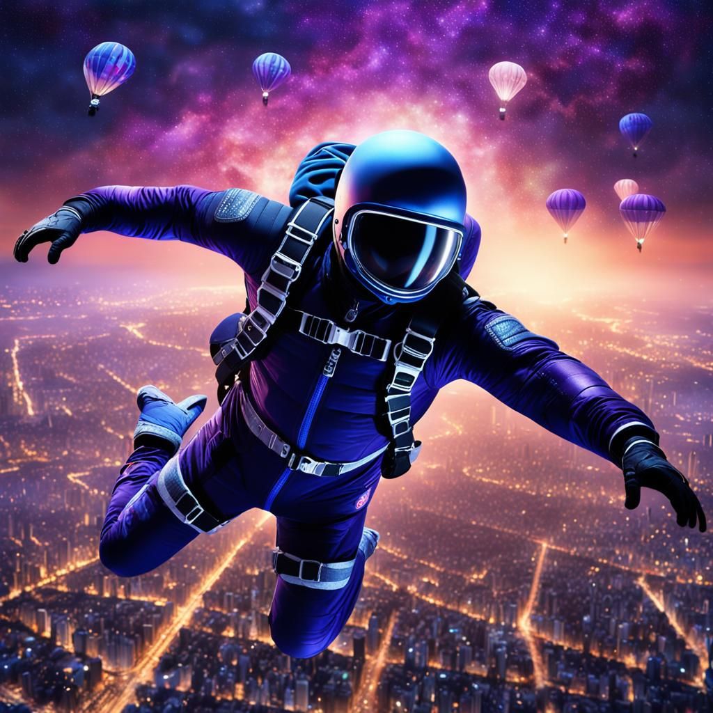 Skydiver Free-Falling Through Starry Night Sky