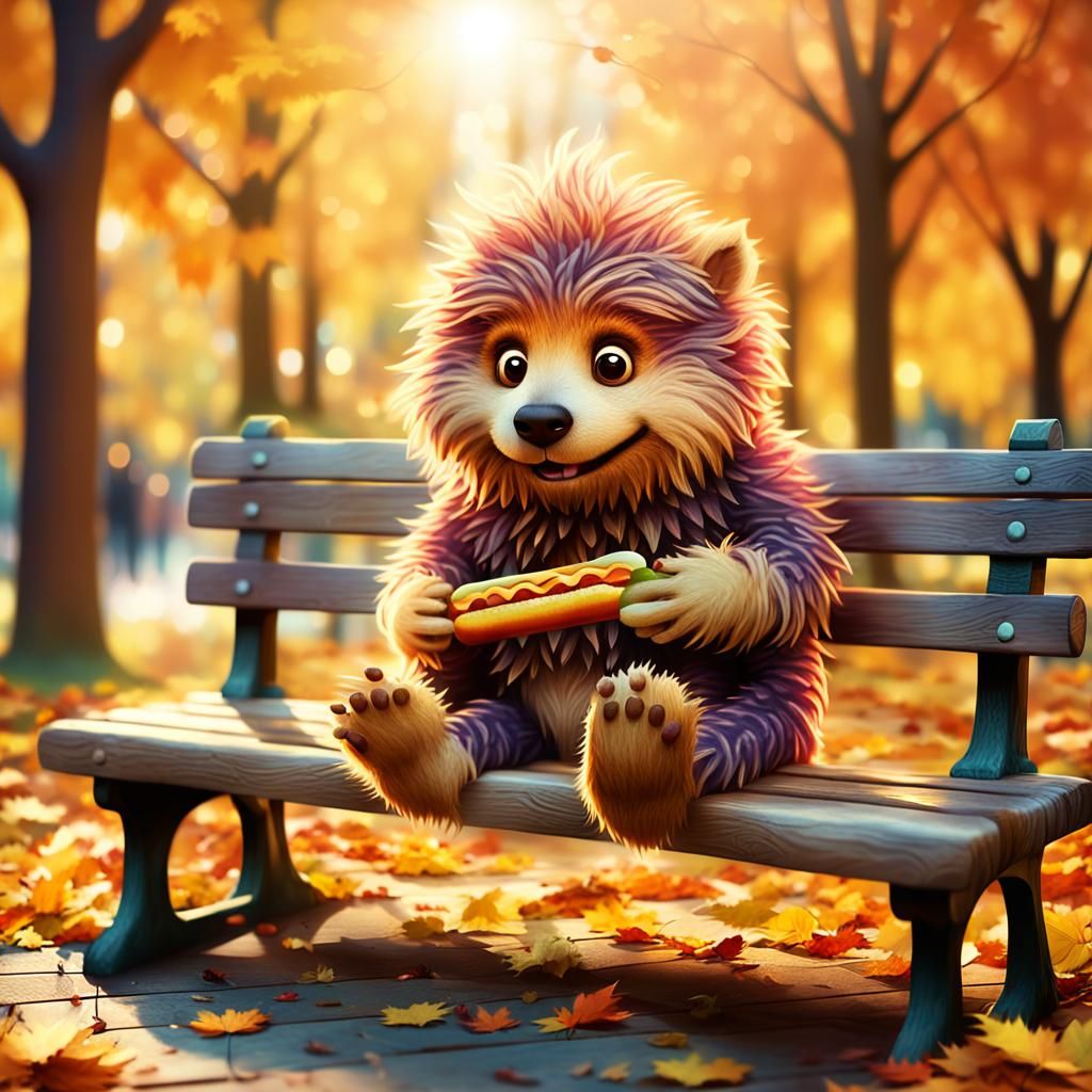 Shaggy Creature Enjoys Hot Dog in Autumn Park