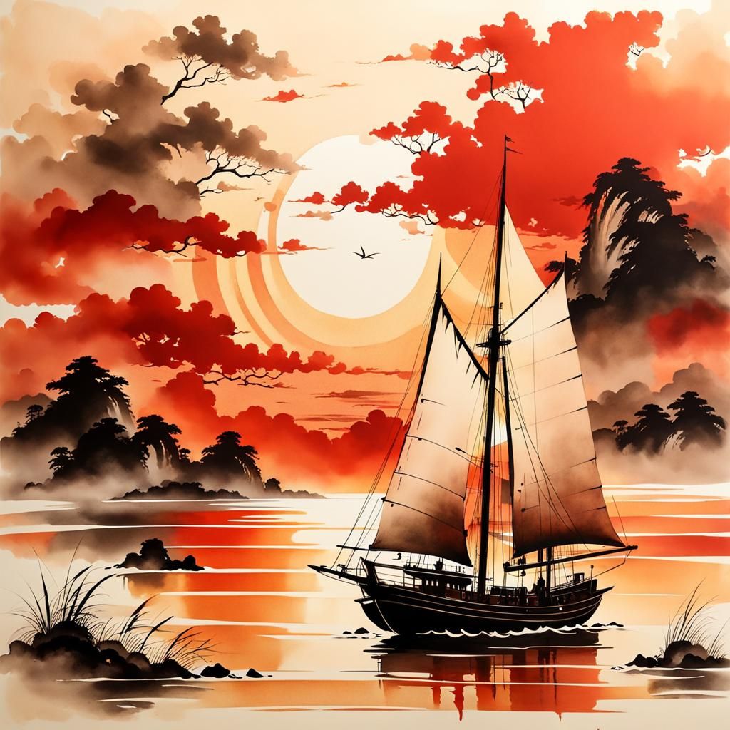 Seascape Sunset: Traditional Sailboat in Chinese Ink Style