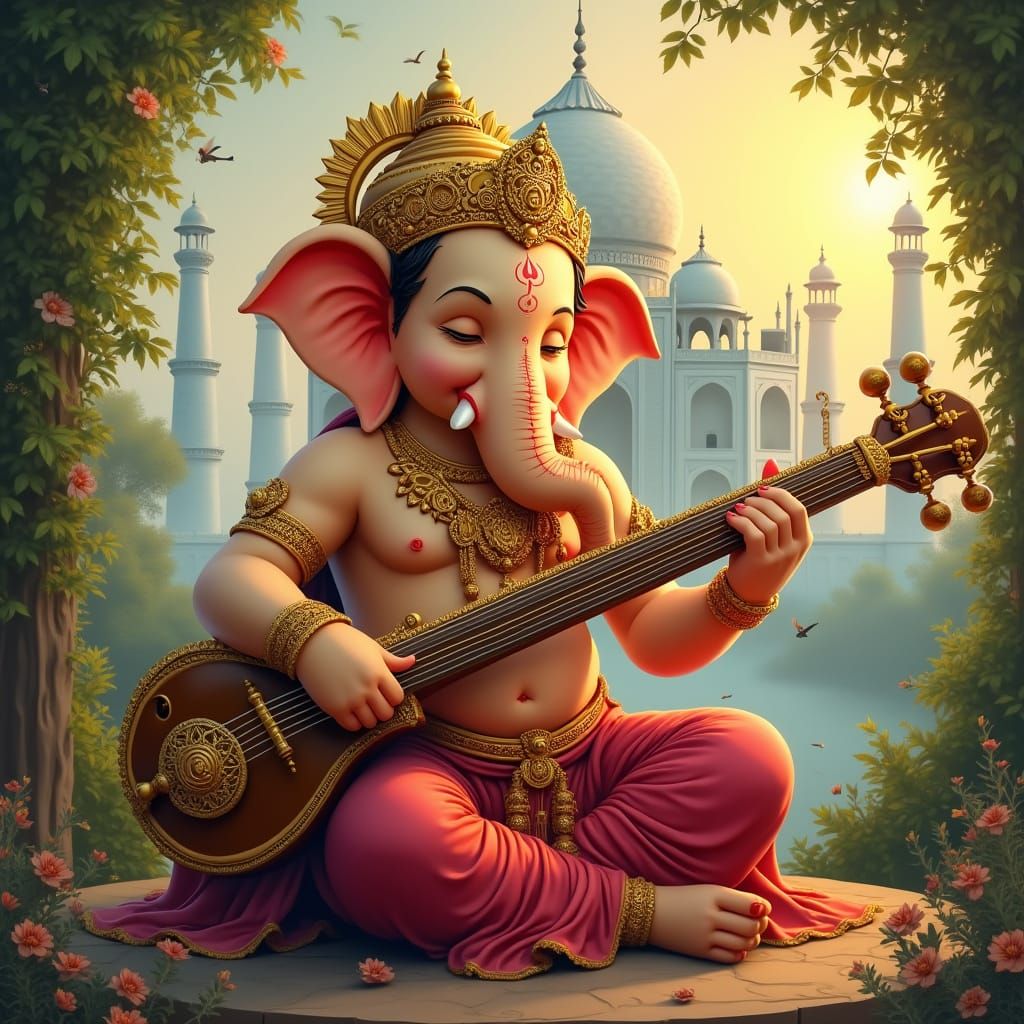 Lord Ganesha Plays Sitar Amidst Taj Mahal's Golden Glow