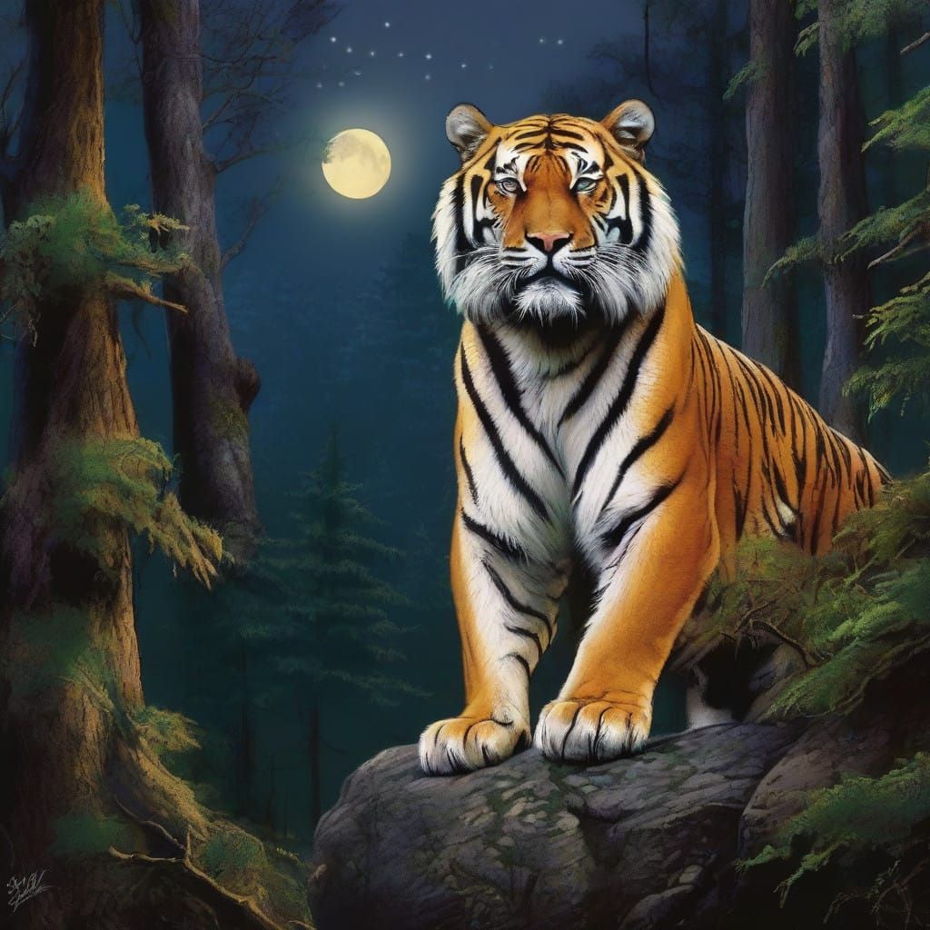Elegant Tiger Under Moonlit Pine Forest