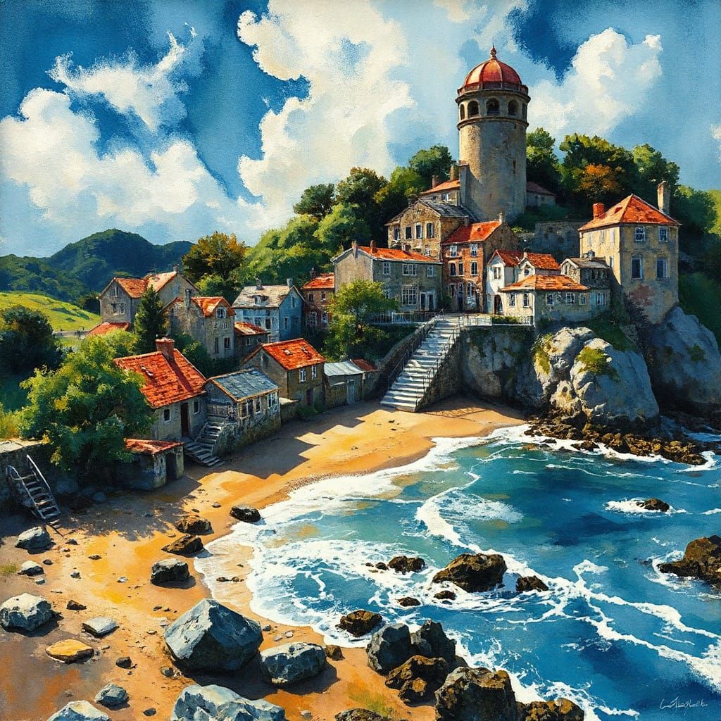 Expressionist Seaside Village in Watercolor Abstract Style