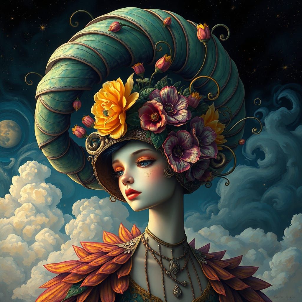 Surreal Cosmic Visionary with Whimsical, Iridescent Headpiec...