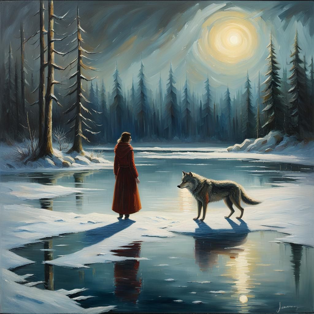 Wolf-Woman Skating on Frozen Lake as Oil Painting
