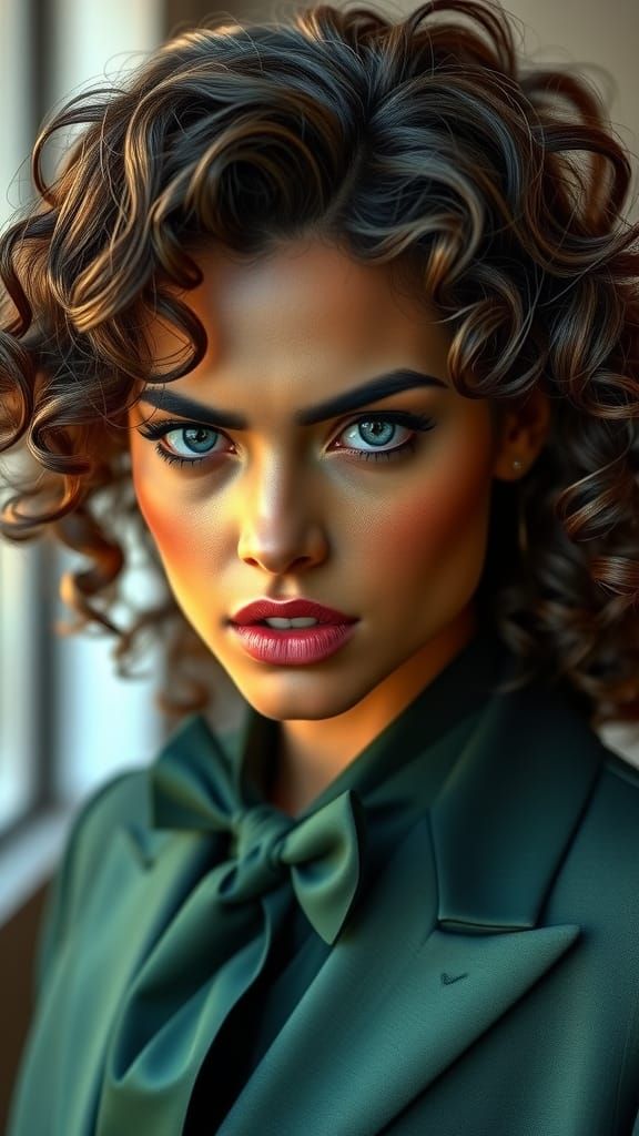 Brazilian Supermodel in Green Tuxedo, Hyper-Realistic Glamou...