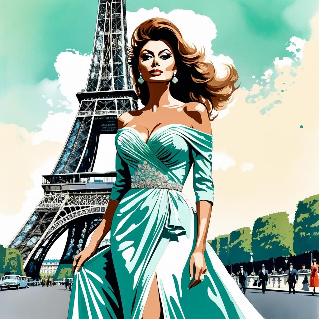 Sophia Loren in Paris, Stylized Watercolor Art