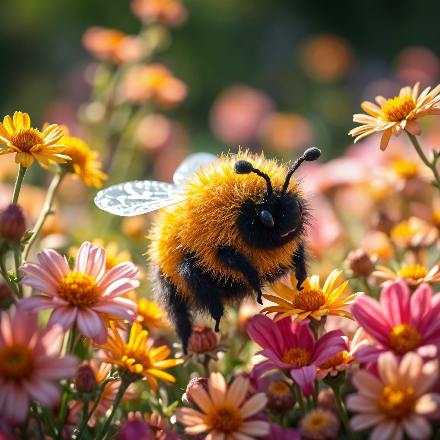 Adorable Pompom Bumblebee Among Flowers