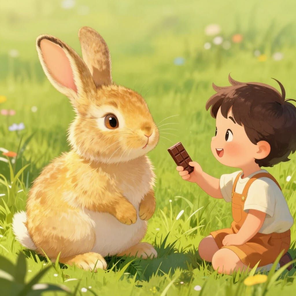 Yellow Rabbit Yearns for Candy Bar from Kind Child