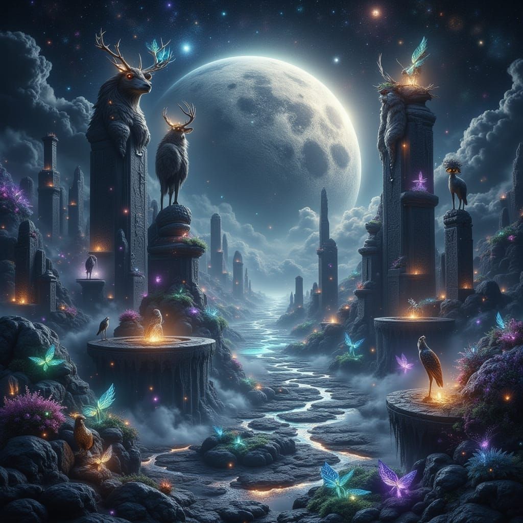 Colossal Moon Over Obsidian Ocean: Fantasy Realism