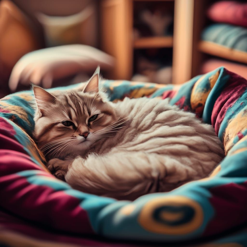 Fluffy Cat Sleeping Soundly in Cozy Bed