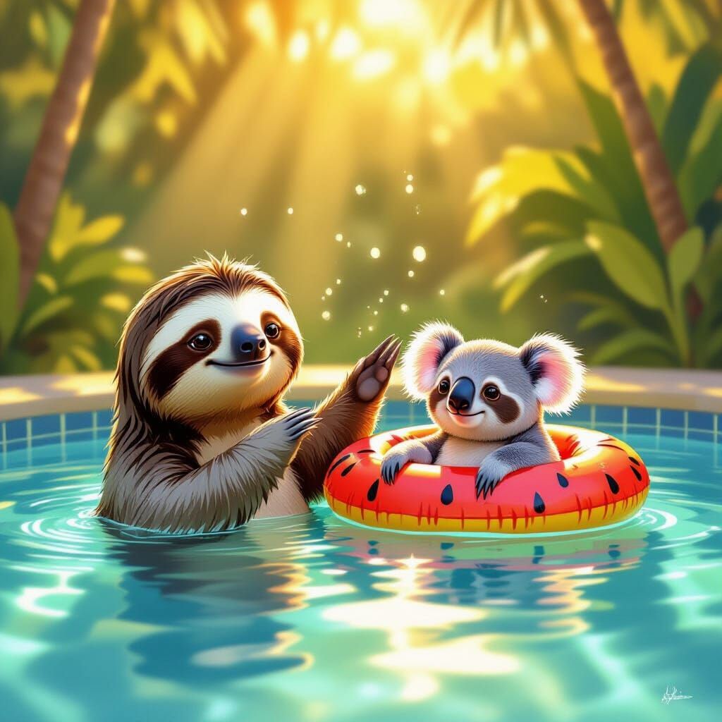 Sloth and Koala Friends Dabbing in Pool