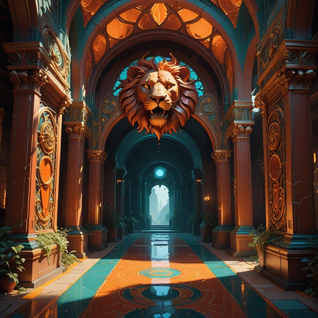 Red Stone Gatehall with Lion Reliefs, Biomorphic Art