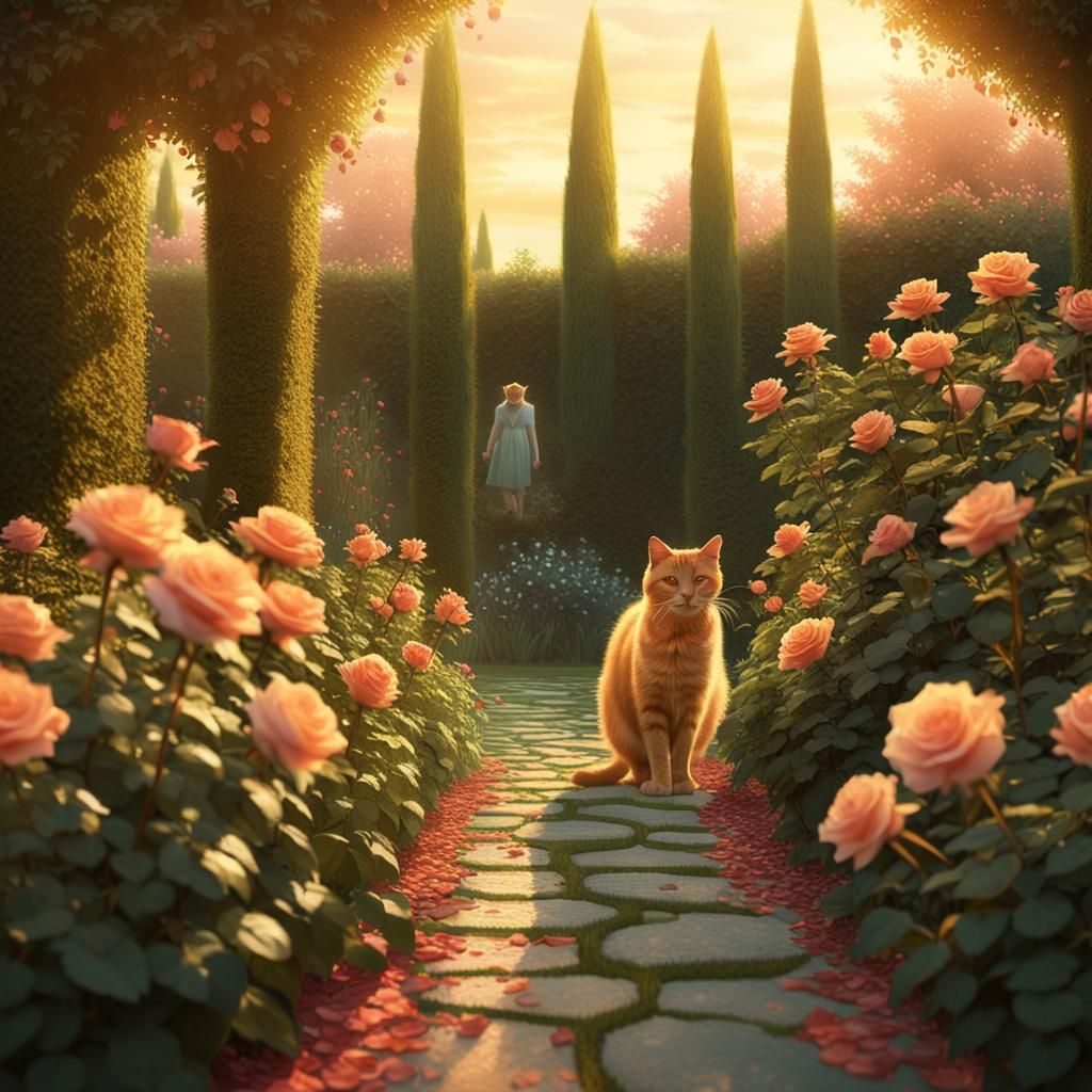 Ginger Cat in Rose Garden: Digital Matte Painting