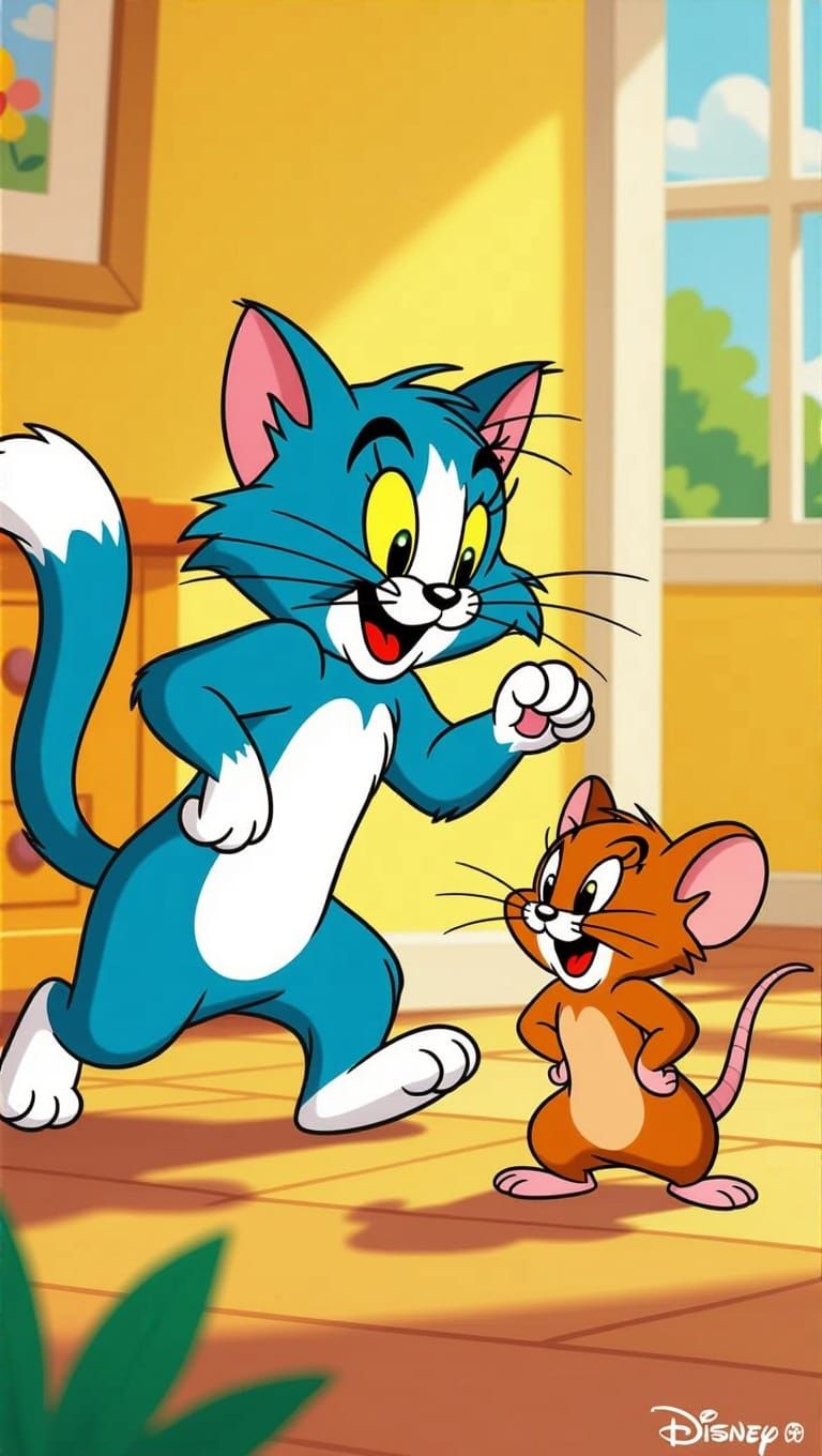 Whimsical Cartoon Cat Chases Mouse in Sunny House