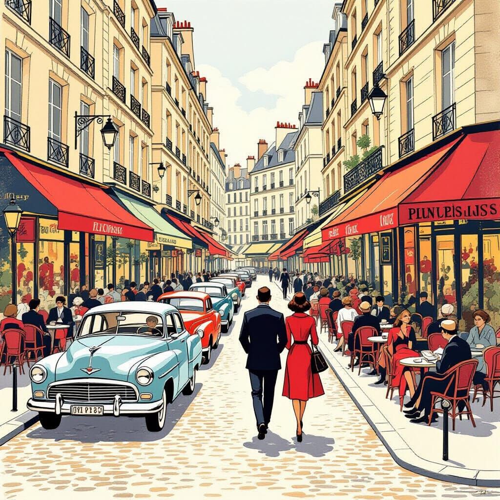 1960s Paris Street Scene in Vintage Travel Poster Style